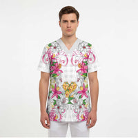 Hawaii Palaka Scrub Top White Tribal Pattern With Tropical Flowers - Polynesian Pride