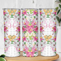 Hawaii Palaka Skinny Tumbler White Tribal Pattern With Tropical Flowers - Polynesian Pride