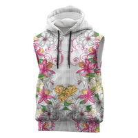 Hawaii Palaka Sleeveless Hoodie White Tribal Pattern With Tropical Flowers LT05 White - Polynesian Pride