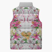 Hawaii Palaka Sleeveless Puffer Jacket White Tribal Pattern With Tropical Flowers LT05 - Polynesian Pride