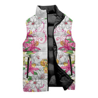 Hawaii Palaka Sleeveless Puffer Jacket White Tribal Pattern With Tropical Flowers LT05 - Polynesian Pride