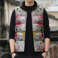 Hawaii Palaka Sleeveless Puffer Jacket White Tribal Pattern With Tropical Flowers LT05 - Polynesian Pride