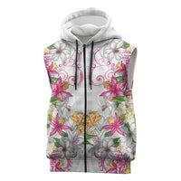 Hawaii Palaka Sleeveless Zip Hoodie White Tribal Pattern With Tropical Flowers LT05 White - Polynesian Pride