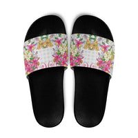 Hawaii Palaka Slide Sandals White Tribal Pattern With Tropical Flowers - Polynesian Pride