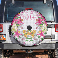 Hawaii Palaka Spare Tire Cover White Tribal Pattern With Tropical Flowers - Polynesian Pride