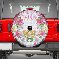 Hawaii Palaka Spare Tire Cover White Tribal Pattern With Tropical Flowers - Polynesian Pride