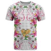 Hawaii Palaka T Shirt White Tribal Pattern With Tropical Flowers - Polynesian Pride