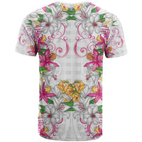 Hawaii Palaka T Shirt White Tribal Pattern With Tropical Flowers - Polynesian Pride