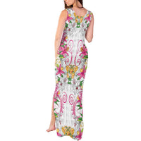 Hawaii Palaka Tank Maxi Dress White Tribal Pattern With Tropical Flowers - Polynesian Pride