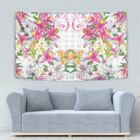 Hawaii Palaka Tapestry White Tribal Pattern With Tropical Flowers - Polynesian Pride