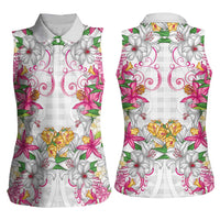 Hawaii Palaka Women Sleeveless Polo Shirt White Tribal Pattern With Tropical Flowers LT05 - Polynesian Pride