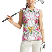 Hawaii Palaka Women Sleeveless Polo Shirt White Tribal Pattern With Tropical Flowers LT05 - Polynesian Pride