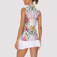 Hawaii Palaka Women Sleeveless Polo Shirt White Tribal Pattern With Tropical Flowers LT05 - Polynesian Pride