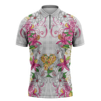 Hawaii Palaka Zipper Polo Shirt White Tribal Pattern With Tropical Flowers LT05 White - Polynesian Pride
