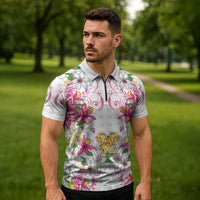 Hawaii Palaka Zipper Polo Shirt White Tribal Pattern With Tropical Flowers LT05 - Polynesian Pride