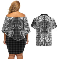 Hawaii Palaka Couples Matching Off Shoulder Short Dress and Hawaiian Shirt Black Tribal Pattern With Tropical Flowers - Polynesian Pride