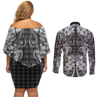 Hawaii Palaka Couples Matching Off Shoulder Short Dress and Long Sleeve Button Shirt Black Tribal Pattern With Tropical Flowers - Polynesian Pride