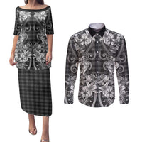 Hawaii Palaka Couples Matching Puletasi and Long Sleeve Button Shirt Black Tribal Pattern With Tropical Flowers LT05 Black - Polynesian Pride