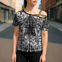 Hawaii Palaka Cross Shoulder Shirt Black Tribal Pattern With Tropical Flowers LT05 - Polynesian Pride