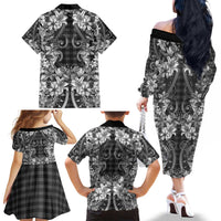 Hawaii Palaka Family Matching Off The Shoulder Long Sleeve Dress and Hawaiian Shirt Black Tribal Pattern With Tropical Flowers - Polynesian Pride