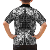 Hawaii Palaka Family Matching Off Shoulder Short Dress and Hawaiian Shirt Black Tribal Pattern With Tropical Flowers - Polynesian Pride