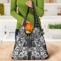 Hawaii Palaka Grocery Bag Black Tribal Pattern With Tropical Flowers - Polynesian Pride