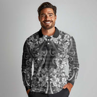 Hawaii Palaka Long Sleeve Polo Shirt Black Tribal Pattern With Tropical Flowers LT05 - Polynesian Pride