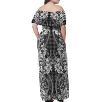 Hawaii Palaka Off Shoulder Maxi Dress Black Tribal Pattern With Tropical Flowers - Polynesian Pride