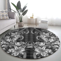 Hawaii Palaka Round Carpet Black Tribal Pattern With Tropical Flowers - Polynesian Pride