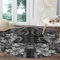 Hawaii Palaka Round Carpet Black Tribal Pattern With Tropical Flowers - Polynesian Pride
