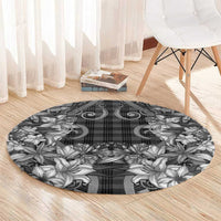 Hawaii Palaka Round Carpet Black Tribal Pattern With Tropical Flowers - Polynesian Pride