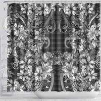 Hawaii Palaka Shower Curtain Black Tribal Pattern With Tropical Flowers - Polynesian Pride