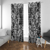 Hawaii Palaka Window Curtain Black Tribal Pattern With Tropical Flowers - Polynesian Pride