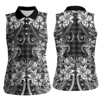 Hawaii Palaka Women Sleeveless Polo Shirt Black Tribal Pattern With Tropical Flowers LT05 - Polynesian Pride