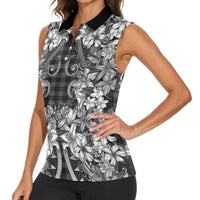 Hawaii Palaka Women Sleeveless Polo Shirt Black Tribal Pattern With Tropical Flowers LT05 - Polynesian Pride