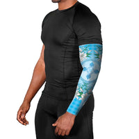 Hawaii Cyan Palaka Arm Sleeves With Tapa Pattern Tropical Flowers - Polynesian Pride