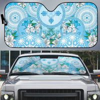 Hawaii Cyan Palaka Auto Sun Shade With Tapa Pattern Tropical Flowers - Polynesian Pride