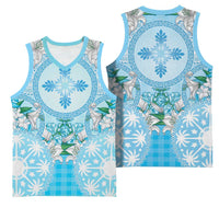 Hawaii Cyan Palaka Basketball Jersey With Tapa Pattern Tropical Flowers LT05 - Polynesian Pride