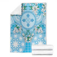 Hawaii Cyan Palaka Blanket With Tapa Pattern Tropical Flowers - Polynesian Pride