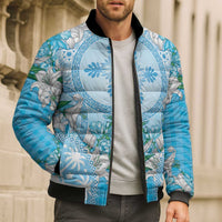 Hawaii Cyan Palaka Bomber Puffer Jacket With Tapa Pattern Tropical Flowers LT05 - Polynesian Pride