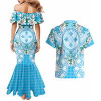 Hawaii Cyan Palaka Couples Matching Mermaid Dress and Hawaiian Shirt With Tapa Pattern Tropical Flowers - Polynesian Pride