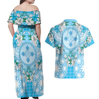 Hawaii Cyan Palaka Couples Matching Off Shoulder Maxi Dress and Hawaiian Shirt With Tapa Pattern Tropical Flowers - Polynesian Pride
