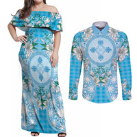 Hawaii Cyan Palaka Couples Matching Off Shoulder Maxi Dress and Long Sleeve Button Shirt With Tapa Pattern Tropical Flowers - Polynesian Pride