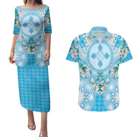 Hawaii Cyan Palaka Couples Matching Puletasi and Hawaiian Shirt With Tapa Pattern Tropical Flowers LT05 Cyan - Polynesian Pride