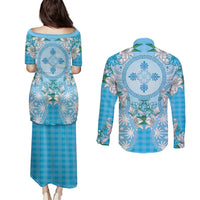 Hawaii Cyan Palaka Couples Matching Puletasi and Long Sleeve Button Shirt With Tapa Pattern Tropical Flowers LT05 - Polynesian Pride