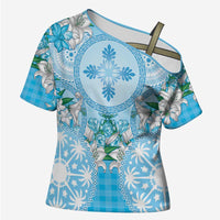 Hawaii Cyan Palaka Cross Shoulder Shirt With Tapa Pattern Tropical Flowers LT05 Female Cyan - Polynesian Pride