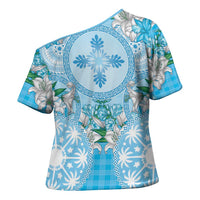 Hawaii Cyan Palaka Cross Shoulder Shirt With Tapa Pattern Tropical Flowers LT05 - Polynesian Pride