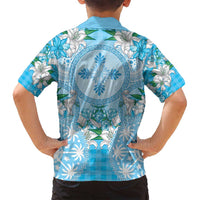 Hawaii Cyan Palaka Family Matching Long Sleeve Bodycon Dress and Hawaiian Shirt With Tapa Pattern Tropical Flowers - Polynesian Pride