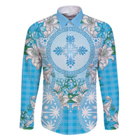 Hawaii Cyan Palaka Family Matching Off The Shoulder Long Sleeve Dress and Hawaiian Shirt With Tapa Pattern Tropical Flowers - Polynesian Pride