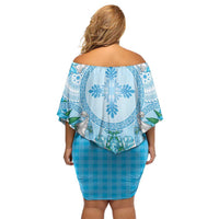 Hawaii Cyan Palaka Family Matching Off Shoulder Short Dress and Hawaiian Shirt With Tapa Pattern Tropical Flowers - Polynesian Pride